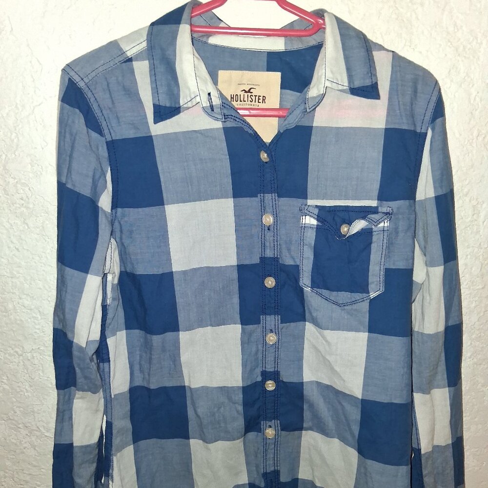 Hollister Y2K Blue Plaid Button Down Boyfriend Shirt Size M